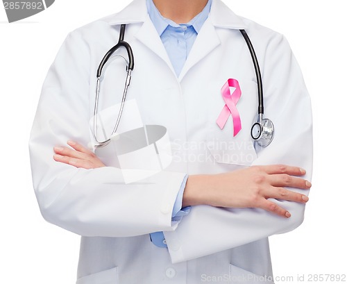 Image of female doctor with breast cancer awareness ribbon