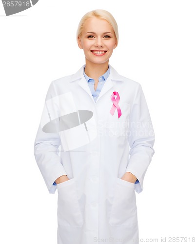 Image of female doctor with breast cancer awareness ribbon