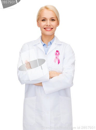 Image of female doctor with breast cancer awareness ribbon