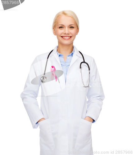 Image of female doctor with breast cancer awareness ribbon