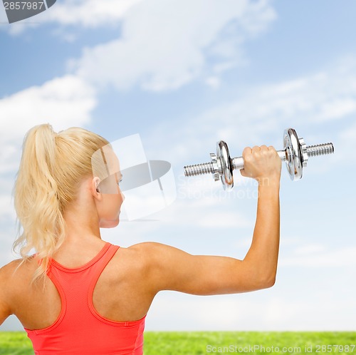 Image of sporty woman with heavy steel dumbbell from back