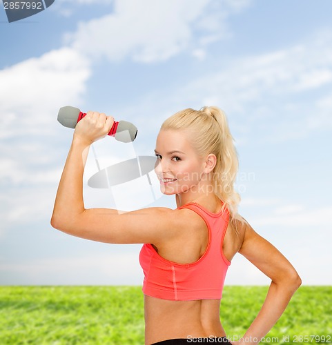 Image of young sporty woman with light dumbbell