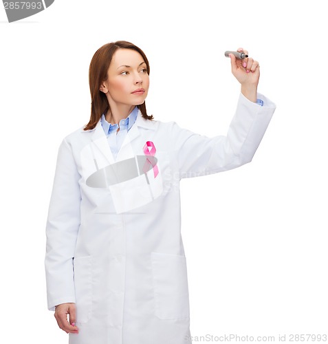 Image of female doctor with breast cancer awareness ribbon