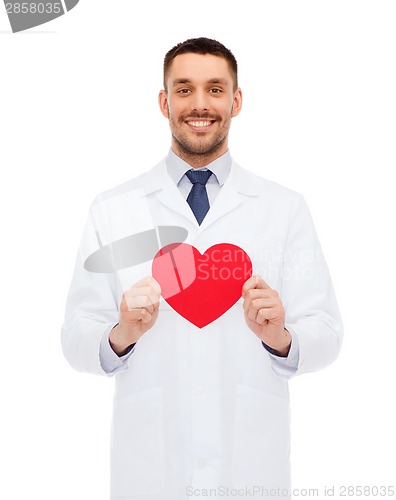 Image of smiling male doctor with red heart