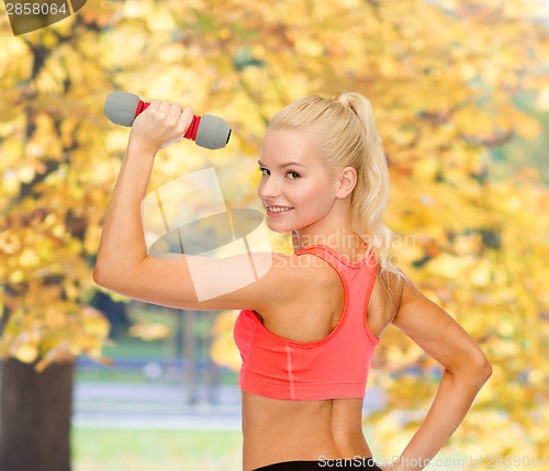 Image of young sporty woman with light dumbbell