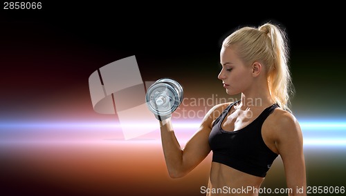 Image of young sporty woman with heavy steel dumbbell