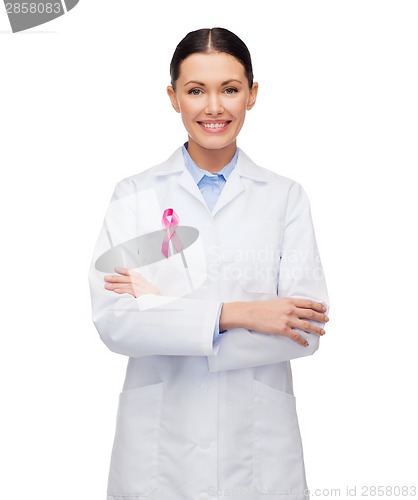 Image of female doctor with breast cancer awareness ribbon