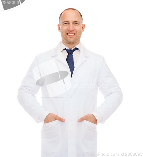 Image of smiling male doctor in white coat