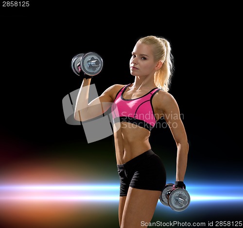 Image of sporty woman with heavy steel dumbbells