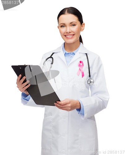 Image of female doctor with breast cancer awareness ribbon