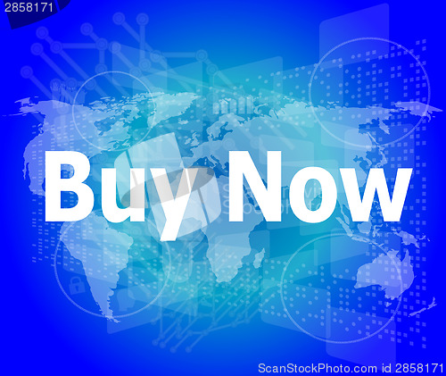 Image of The word buy now on digital screen, business concept