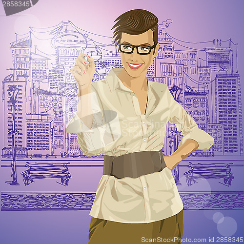 Image of Vector Hipster Business Woman Writing Something