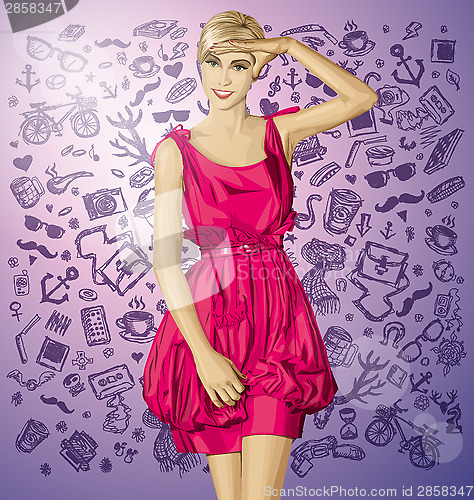 Image of Vector Surprised Blonde in Pink Dress