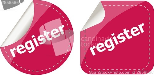 Image of register stickers set, icon button isolated on white