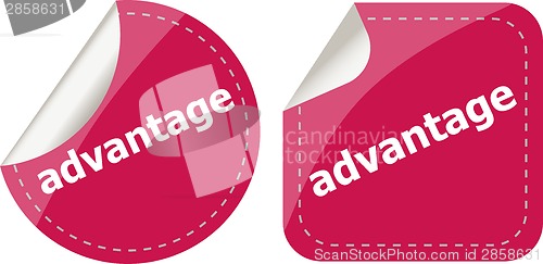 Image of advantage word stickers set, icon button