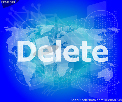 Image of The word delete on digital screen, information technology concept