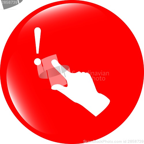 Image of exclamation mark sign icon with people hand. Help symbol. FAQ sign. style buttons