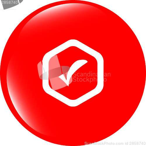 Image of glossy web button with check mark sign, icon isolated on white