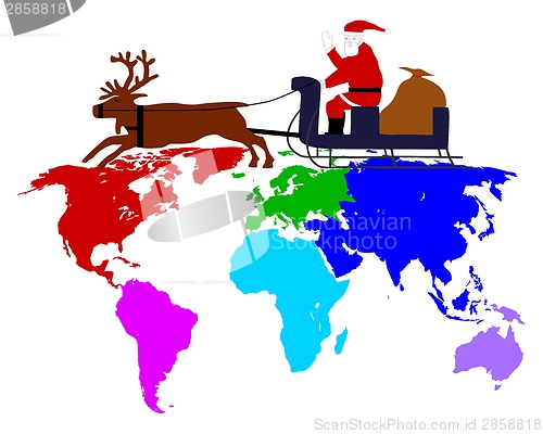 Image of Santa Claus on his reindeer sleigh high above the six continents