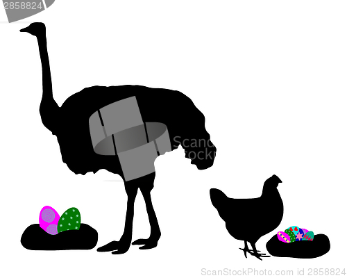 Image of Hen and ostrich with easter eggs