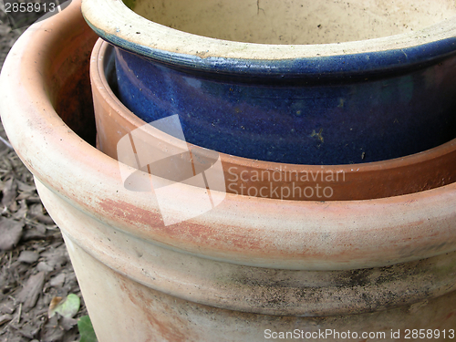 Image of Three stacked brown and blue plant pots