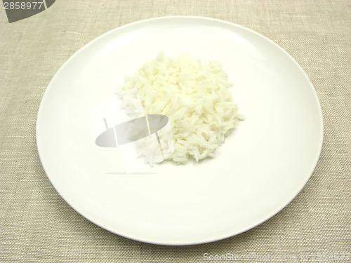 Image of Cooked rice on a white plate and beige background