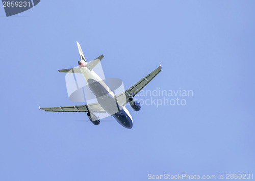 Image of Flying plane on blue sky background