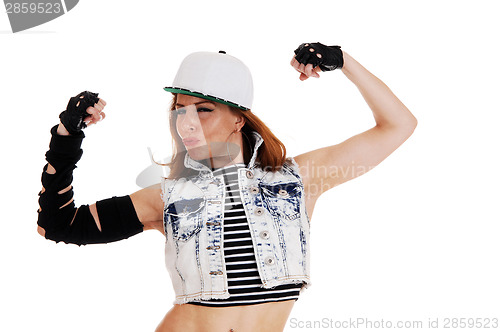 Image of Hip-Hop woman showing muscles.
