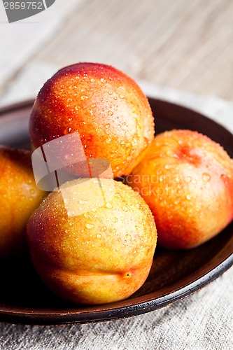 Image of fresh nectarines with water drops in a plate 