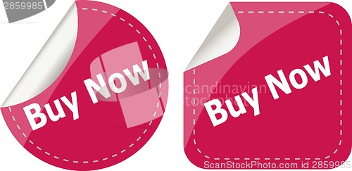 Image of buy now word on stickers button set, business label