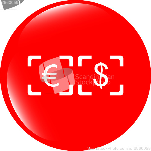Image of Currency exchange sign icon. Currency converter symbol. Money label. shiny button. Modern UI website button
