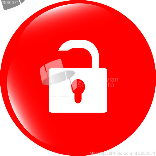 Image of open lock glossy button isolated over white background