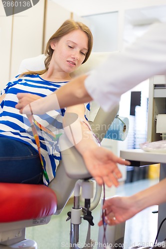 Image of Nurse and blood donor at donation.