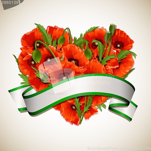 Image of Flower heart of red poppies with ribbon.