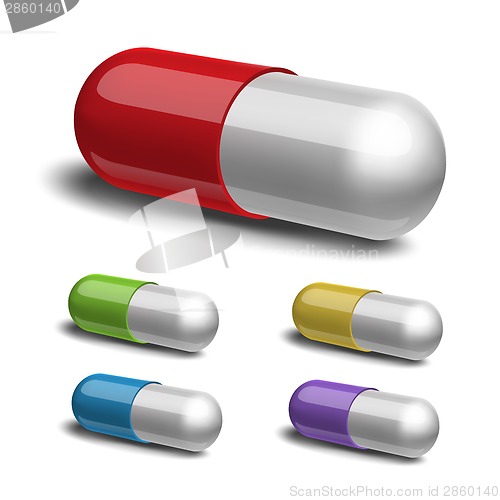 Image of Set of medical capsule on white background.