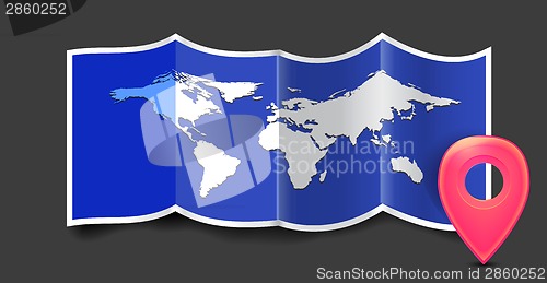 Image of Folded world map with gps marks.