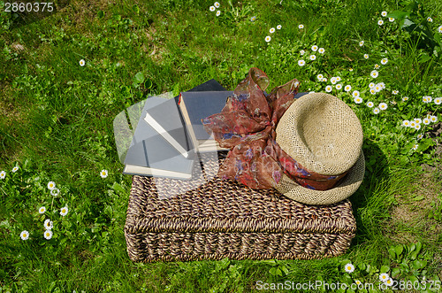 Image of Wicker basket full of books and retro hat on grass 