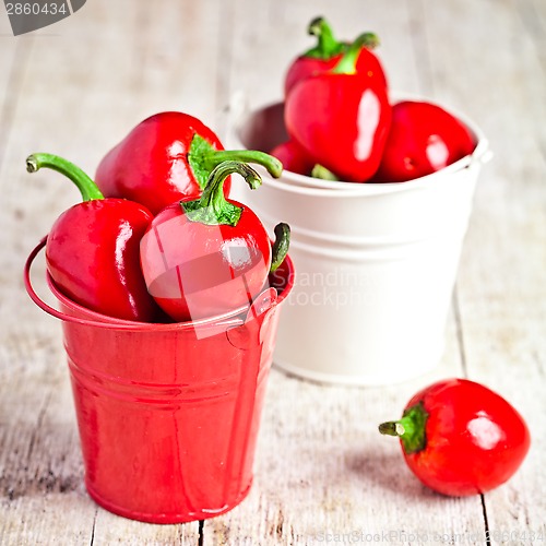 Image of red hot chilli peppers in little buckets