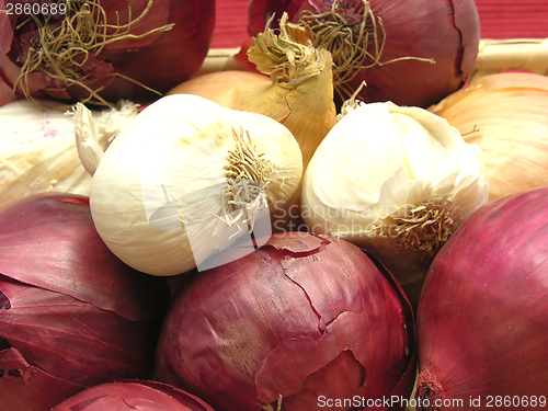 Image of Onions and garlics in a basket in front of red background