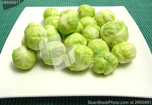 Image of Brussels sprouts arranged on a white plate and green placemat