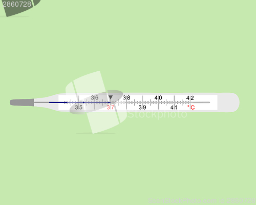 Image of Analog clinical thermometer on green background