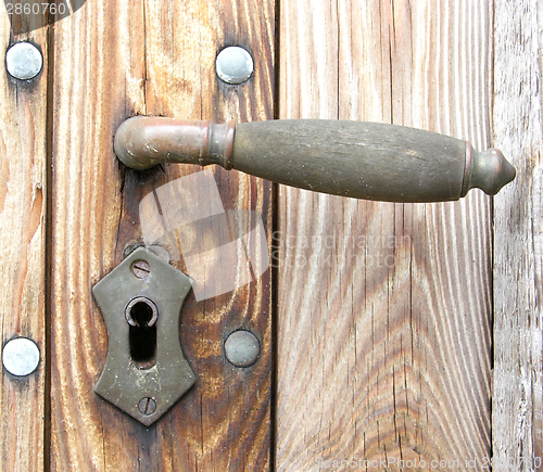 Image of The door latch of a wooden door