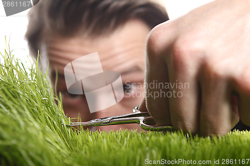 Image of Young man cuts English lawn 