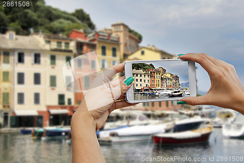 Image of Portofino, photographing with mobile phone