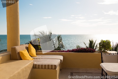 Image of sea view from balcony of home or hotel room