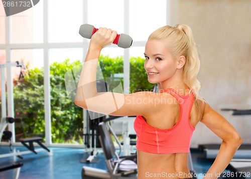 Image of young sporty woman with light dumbbell