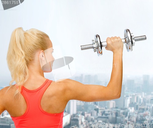 Image of sporty woman with heavy steel dumbbell from back