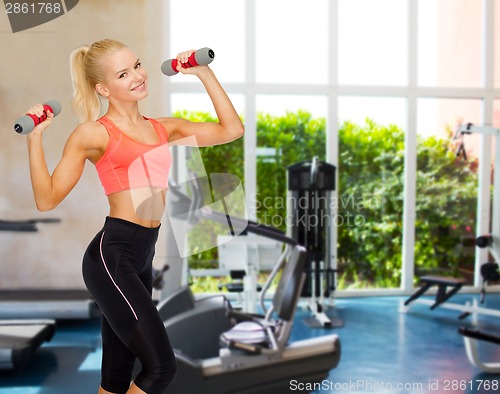 Image of smiling beautiful sporty woman with dumbbells