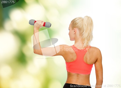 Image of young sporty woman with light dumbbell