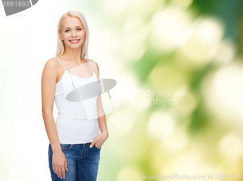 Image of smiling woman in blank white t-shirt